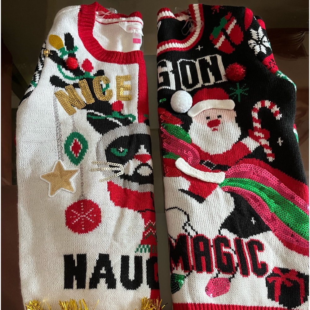 Fun holiday ugly sweaters. Worn once. 1 small and 1 medium. Both for $20